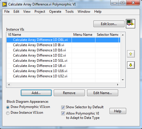 Polymorphic VI window that shows the all the VIs with only difference in datatypes