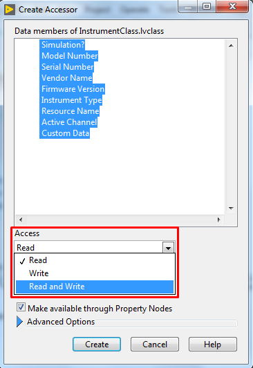 Create LabVIEW class read and write accessors