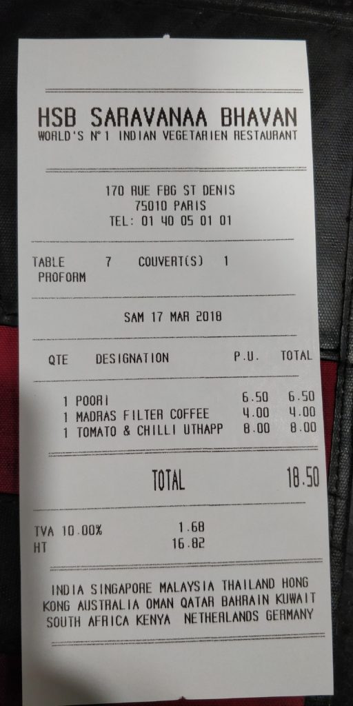 Bill from Saravanaa Bhavan restaurant in Paris