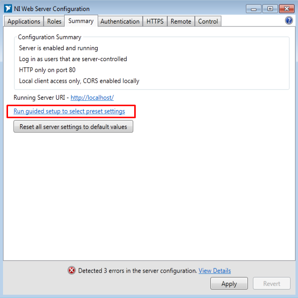 Using the NI Web Server Configuration to setup the server settings