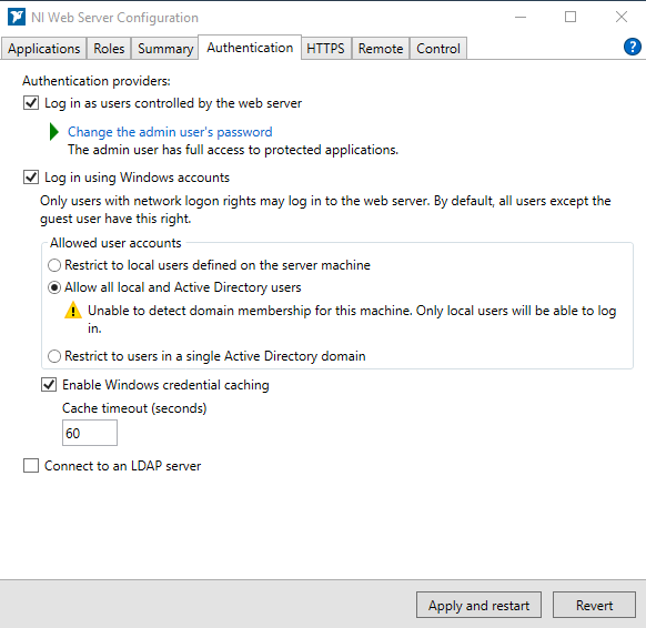 Configuring NI Web Server Authentication using NI Web Server Configuration window